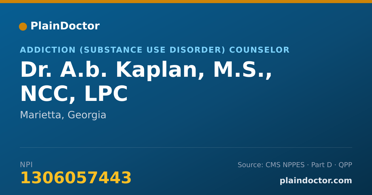 Shareable card for A.b. Kaplan, M.S., NCC, LPC - Addiction (Substance Use Disorder) Counselor, Marietta, GA
