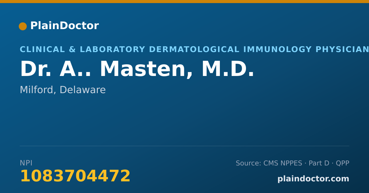 Shareable card for A.. Masten, M.D. - Clinical & Laboratory Dermatological Immunology Physician, Milford, DE