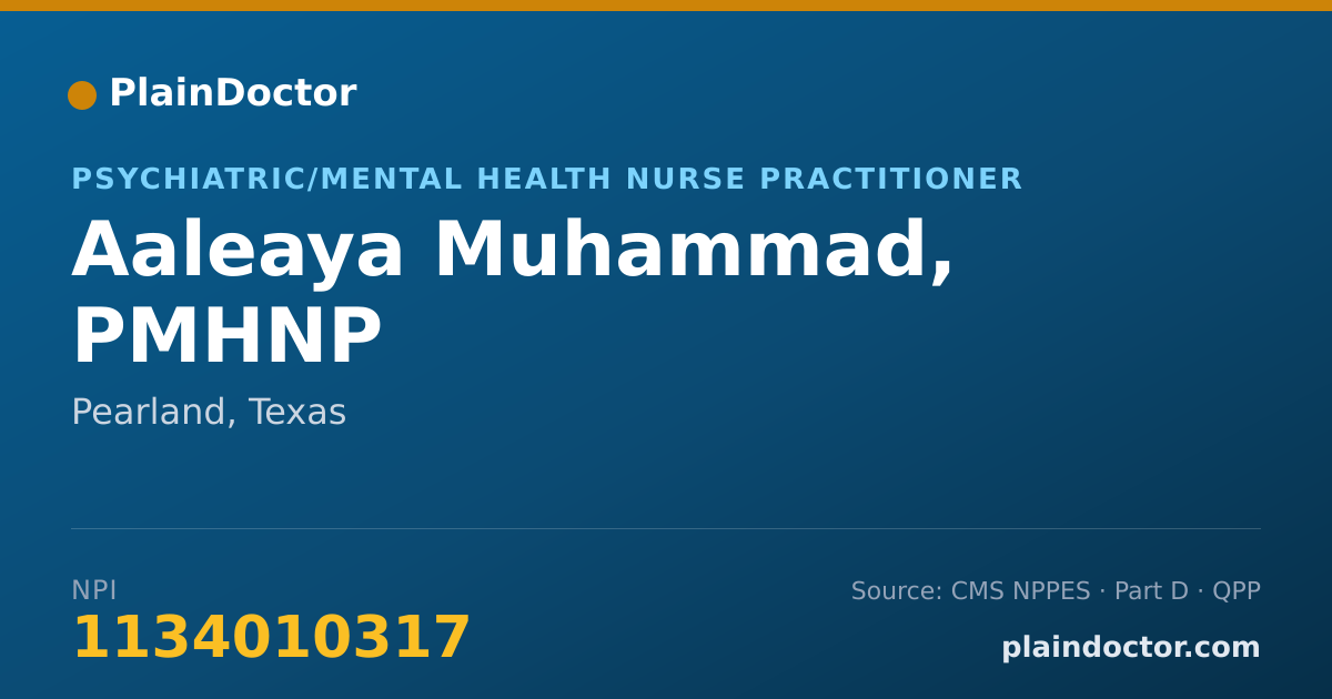 Shareable card for Aaleaya Muhammad, PMHNP - Psychiatric/Mental Health Nurse Practitioner, Pearland, TX