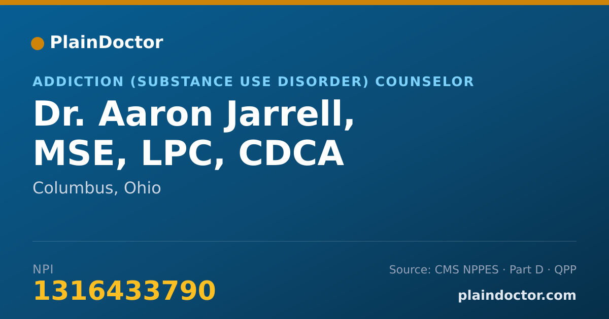 Shareable card for Aaron Jarrell, MSE, LPC, CDCA - Addiction (Substance Use Disorder) Counselor, Columbus, OH