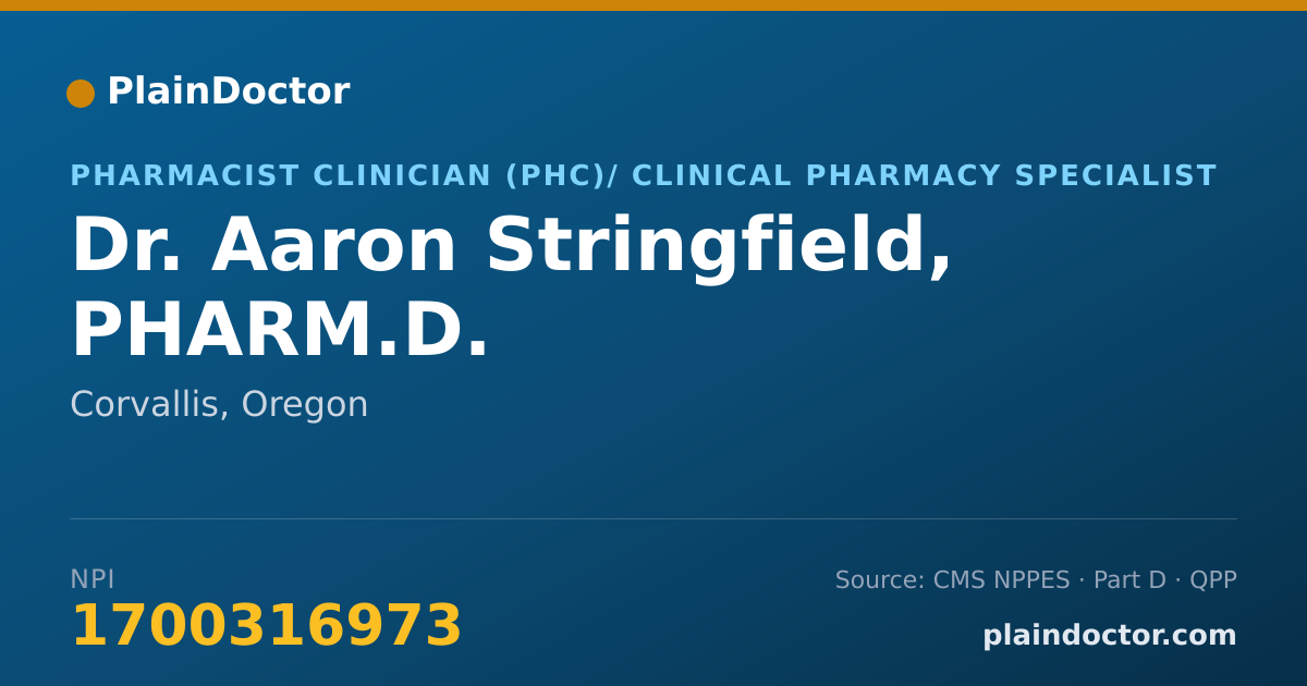 Shareable card for Aaron Stringfield, PHARM.D. - Pharmacist Clinician (PhC)/ Clinical Pharmacy Specialist, Corvallis, OR