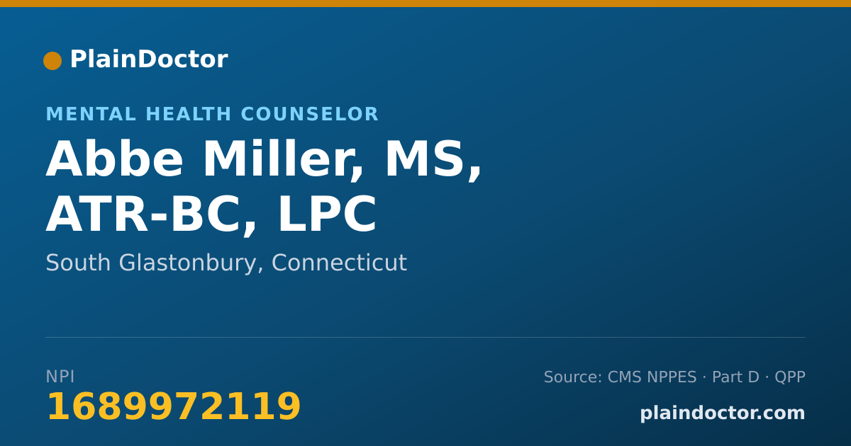 Shareable card for Abbe Miller, MS, ATR-BC, LPC - Mental Health Counselor, South Glastonbury, CT
