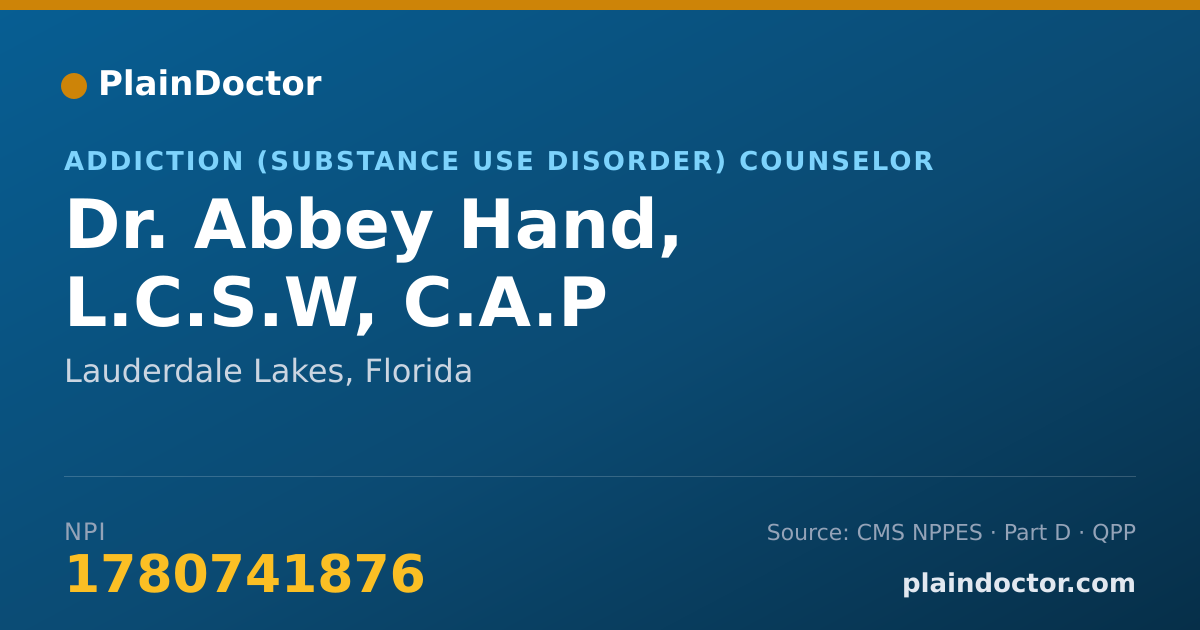 Shareable card for Abbey Hand, L.C.S.W, C.A.P - Addiction (Substance Use Disorder) Counselor, Lauderdale Lakes, FL