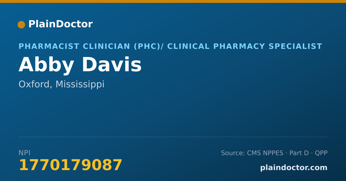 Shareable card for Abby Davis - Pharmacist Clinician (PhC)/ Clinical Pharmacy Specialist, Oxford, MS