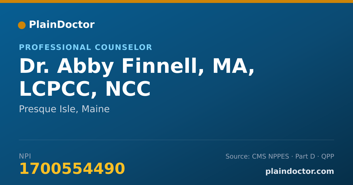 Shareable card for Abby Finnell, MA, LCPCC, NCC - Professional Counselor, Presque Isle, ME