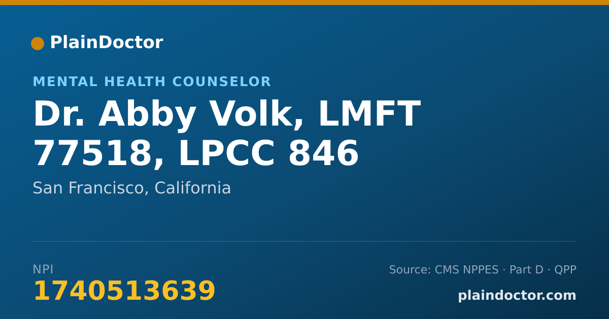 Shareable card for Abby Volk, LMFT 77518, LPCC 846 - Mental Health Counselor, San Francisco, CA