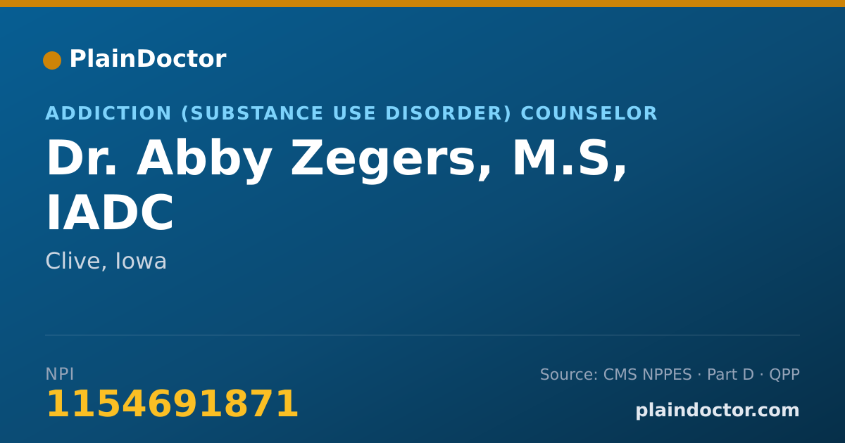 Shareable card for Abby Zegers, M.S, IADC - Addiction (Substance Use Disorder) Counselor, Clive, IA