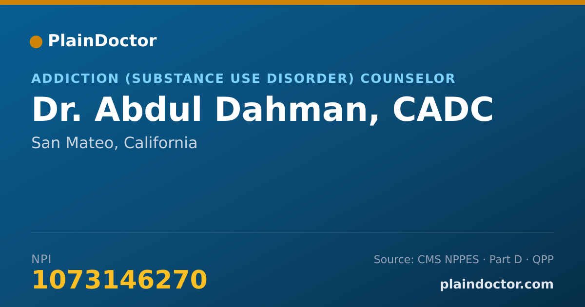 Shareable card for Abdul Dahman, CADC - Addiction (Substance Use Disorder) Counselor, San Mateo, CA