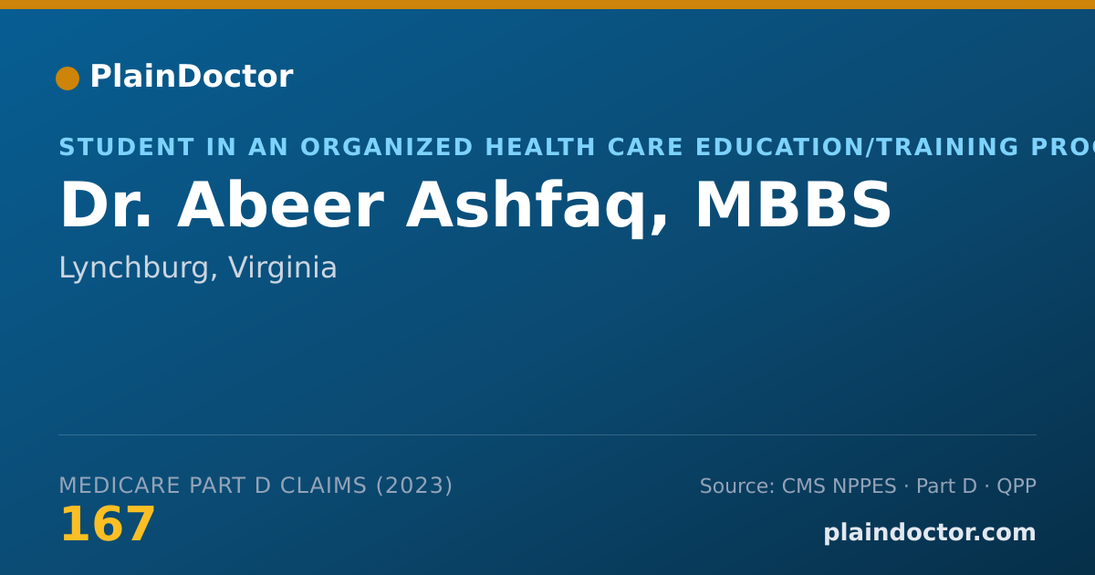 Shareable card for Abeer Ashfaq, MBBS - Student in an Organized Health Care Education/Training Program, Lynchburg, VA