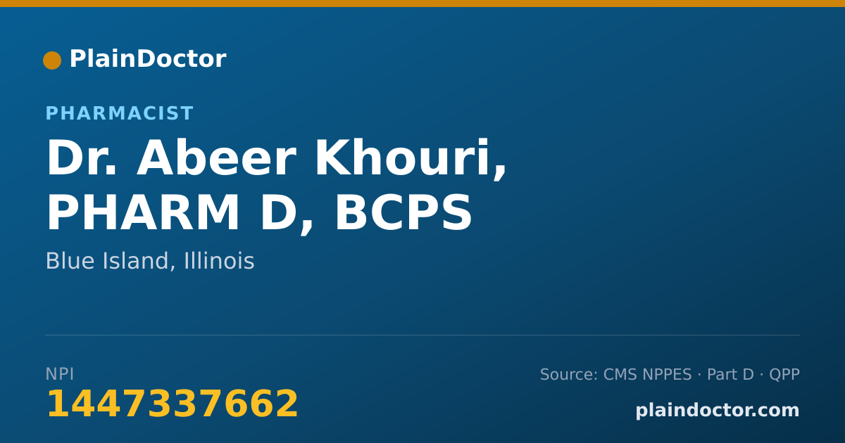 Shareable card for Abeer Khouri, PHARM D, BCPS - Pharmacist, Blue Island, IL