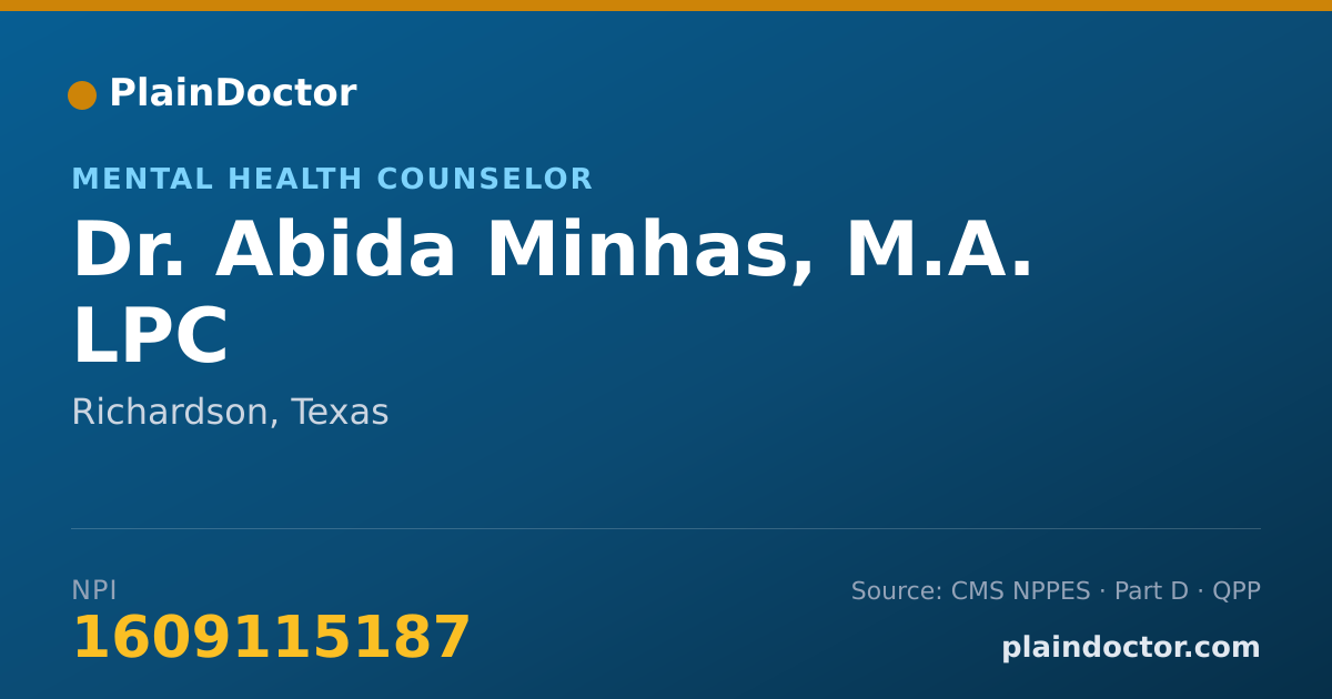 Shareable card for Abida Minhas, M.A. LPC - Mental Health Counselor, Richardson, TX