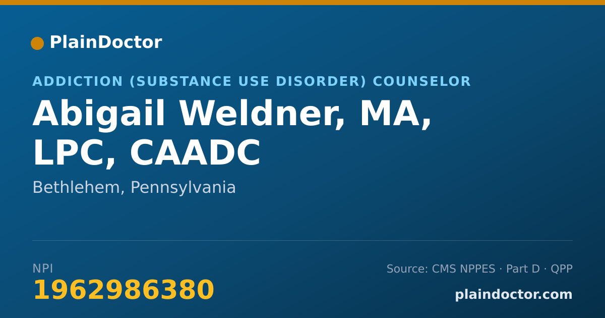 Shareable card for Abigail Weldner, MA, LPC, CAADC - Addiction (Substance Use Disorder) Counselor, Bethlehem, PA