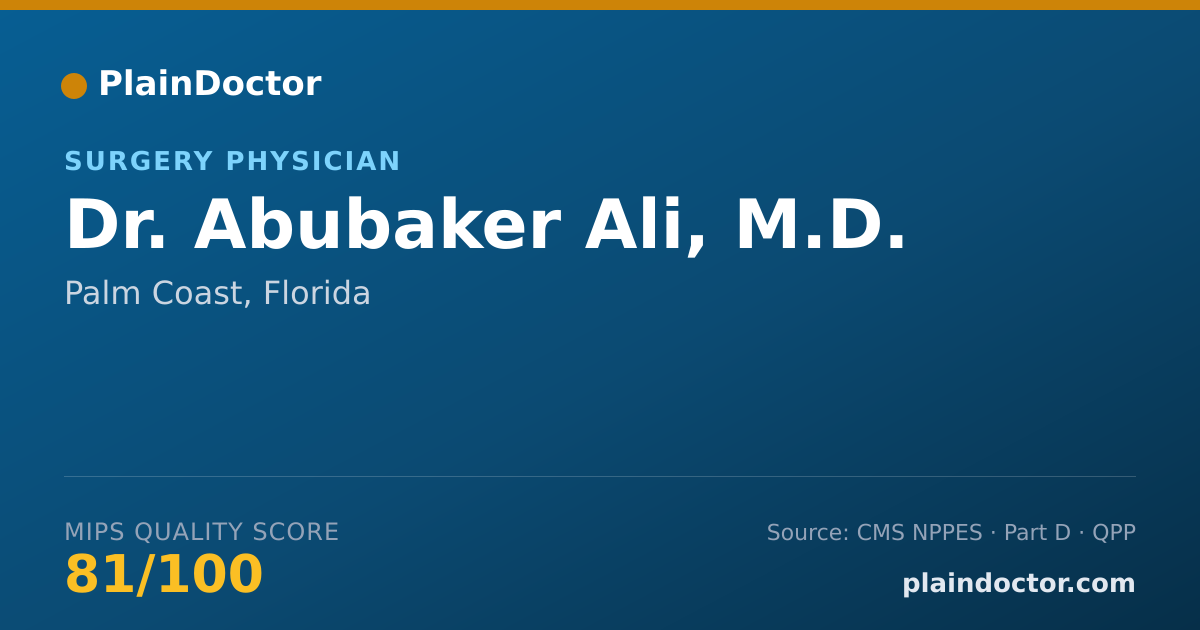 Shareable card for Abubaker Ali, M.D. - Surgery Physician, Palm Coast, FL