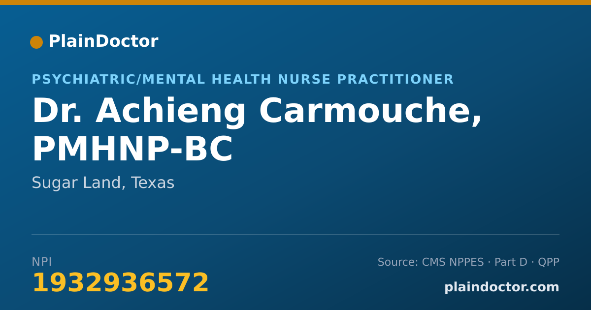 Shareable card for Achieng Carmouche, PMHNP-BC - Psychiatric/Mental Health Nurse Practitioner, Sugar Land, TX