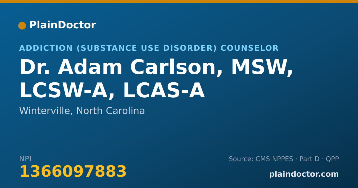 Shareable card for Adam Carlson, MSW, LCSW-A, LCAS-A - Addiction (Substance Use Disorder) Counselor, Winterville, NC