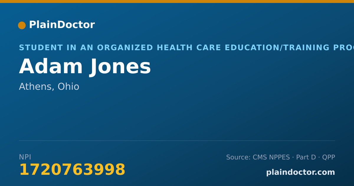 Shareable card for Adam Jones - Student in an Organized Health Care Education/Training Program, Athens, OH