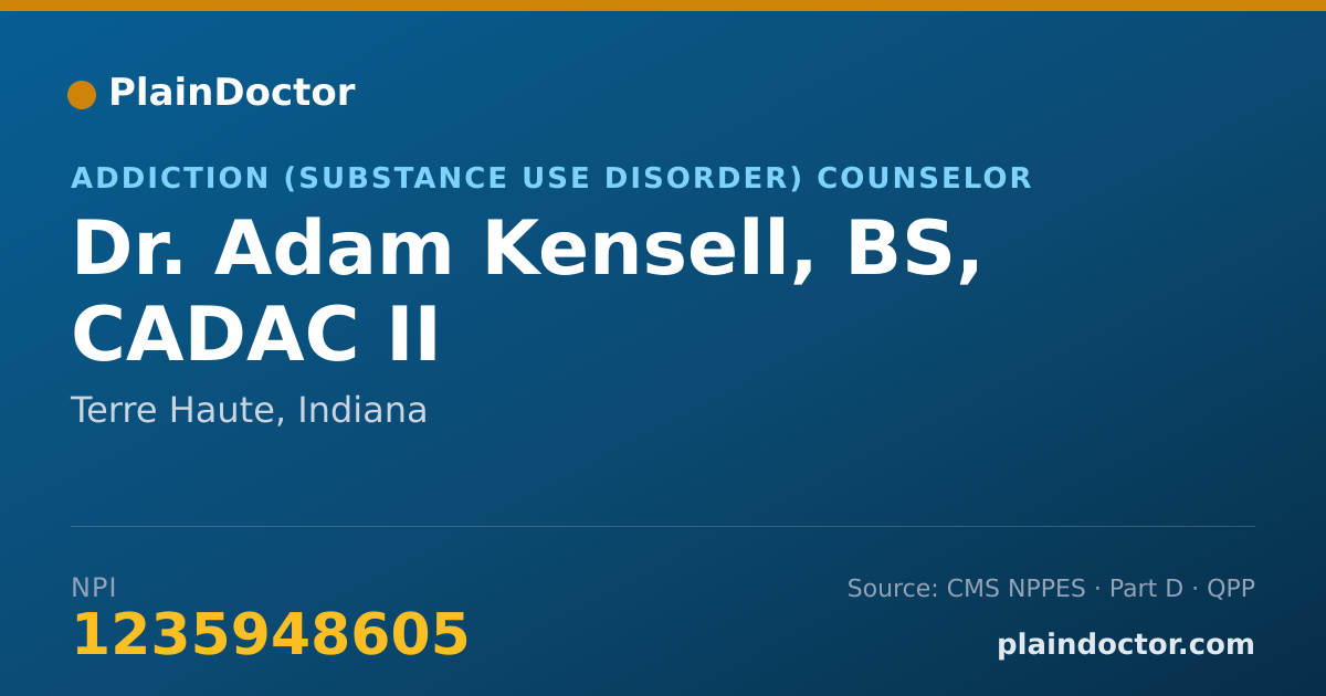 Shareable card for Adam Kensell, BS, CADAC II - Addiction (Substance Use Disorder) Counselor, Terre Haute, IN
