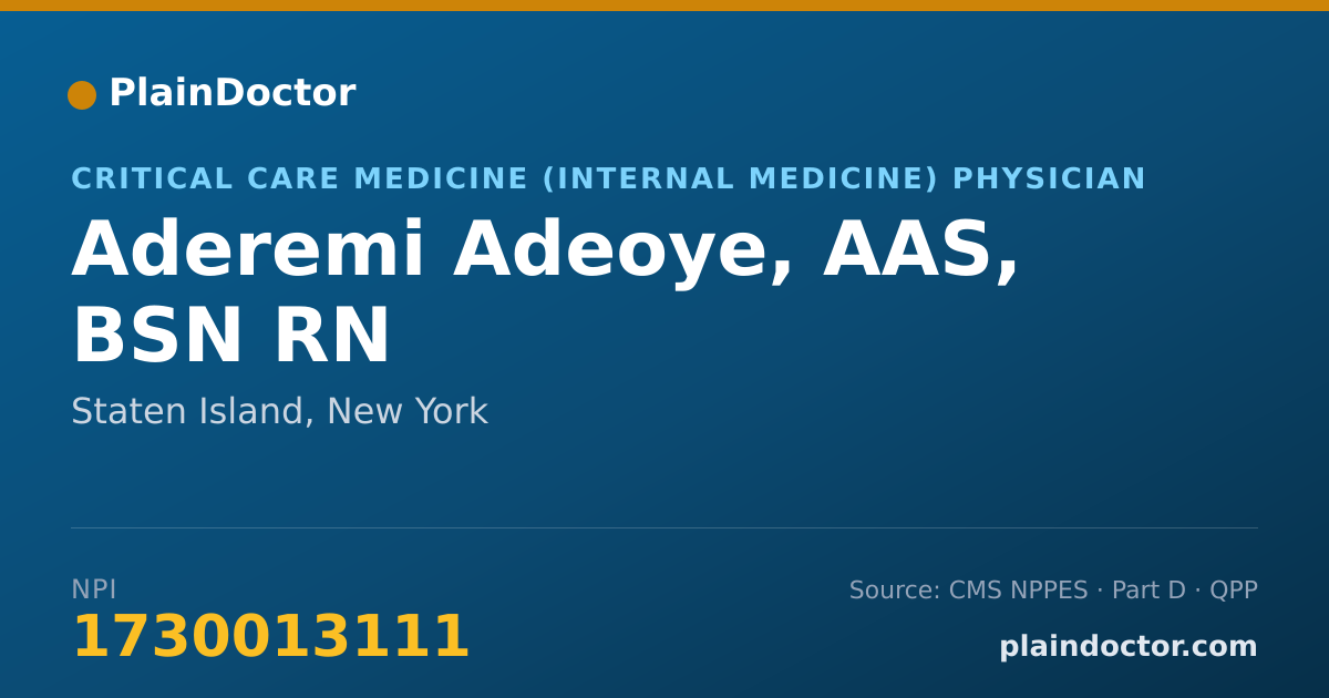 Shareable card for Aderemi Adeoye, AAS, BSN RN - Critical Care Medicine (Internal Medicine) Physician, Staten Island, NY