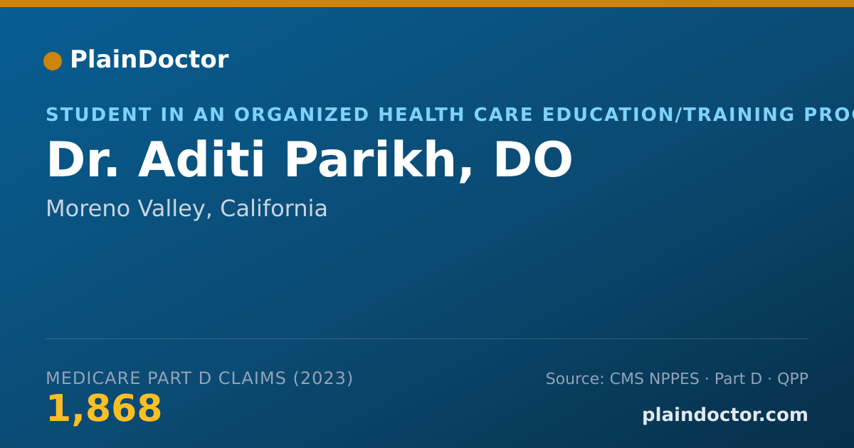 Shareable card for Aditi Parikh, DO - Student in an Organized Health Care Education/Training Program, Moreno Valley, CA