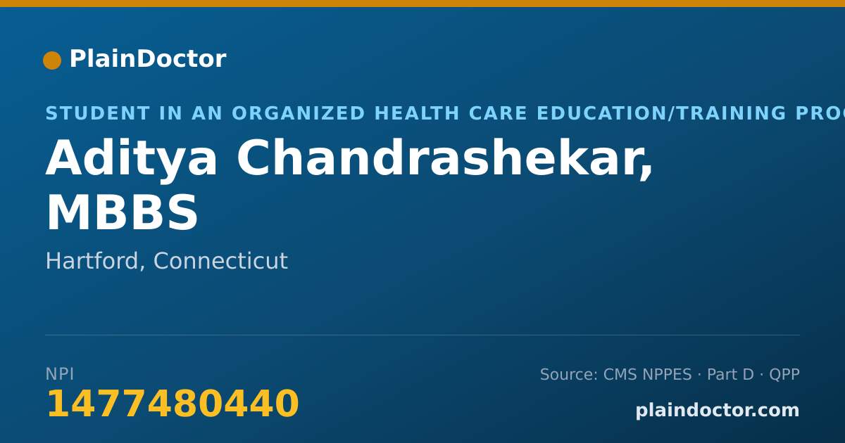 Shareable card for Aditya Chandrashekar, MBBS - Student in an Organized Health Care Education/Training Program, Hartford, CT
