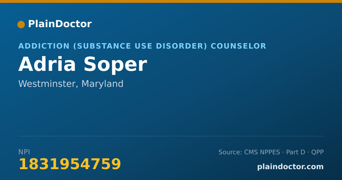 Shareable card for Adria Soper - Addiction (Substance Use Disorder) Counselor, Westminster, MD