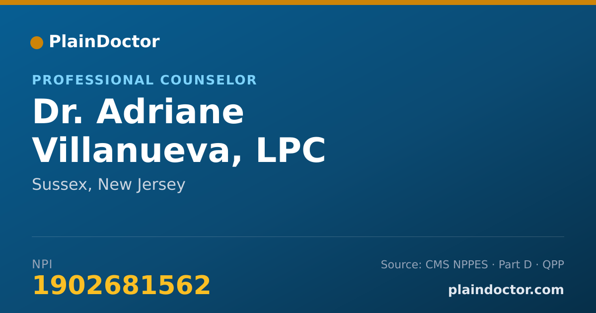 Shareable card for Adriane Villanueva, LPC - Professional Counselor, Sussex, NJ