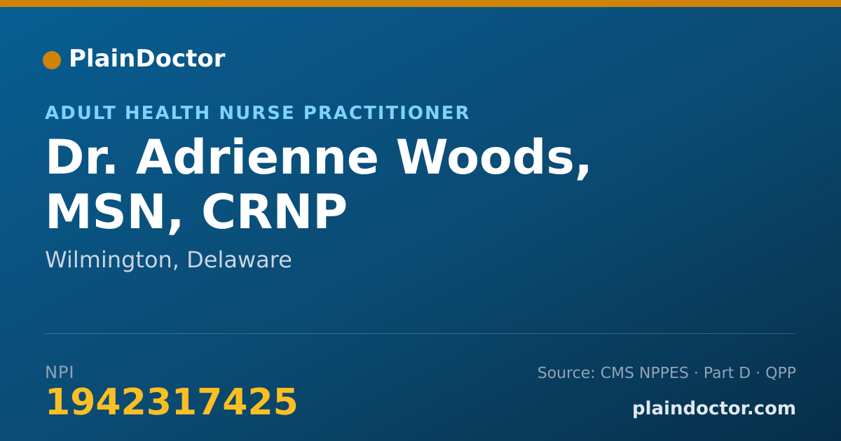 Shareable card for Adrienne Woods, MSN, CRNP - Adult Health Nurse Practitioner, Wilmington, DE