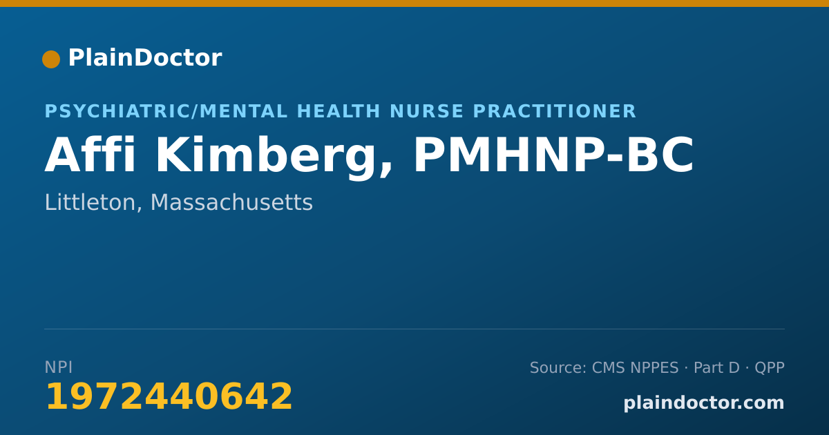 Shareable card for Affi Kimberg, PMHNP-BC - Psychiatric/Mental Health Nurse Practitioner, Littleton, MA
