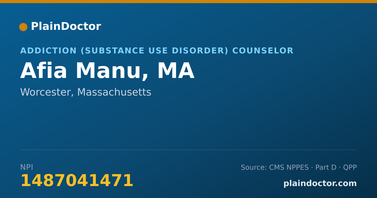 Shareable card for Afia Manu, MA - Addiction (Substance Use Disorder) Counselor, Worcester, MA