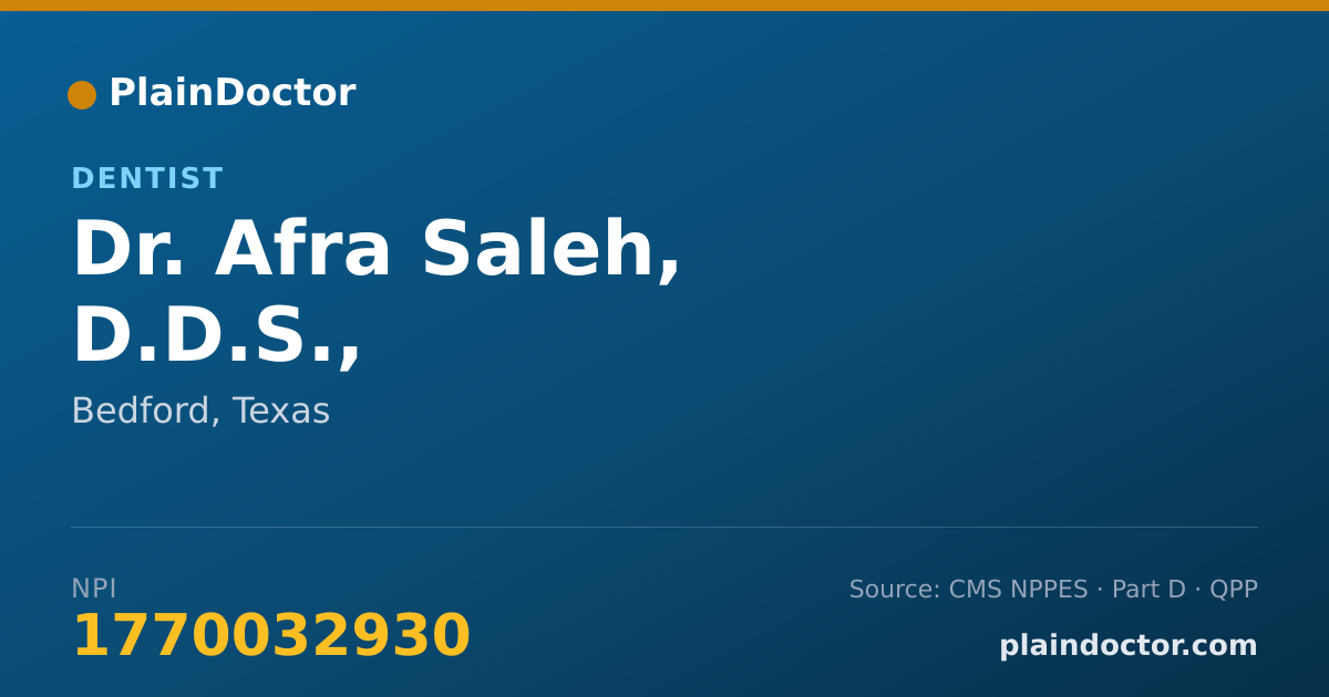 Shareable card for Afra Saleh, D.D.S., - Dentist, Bedford, TX