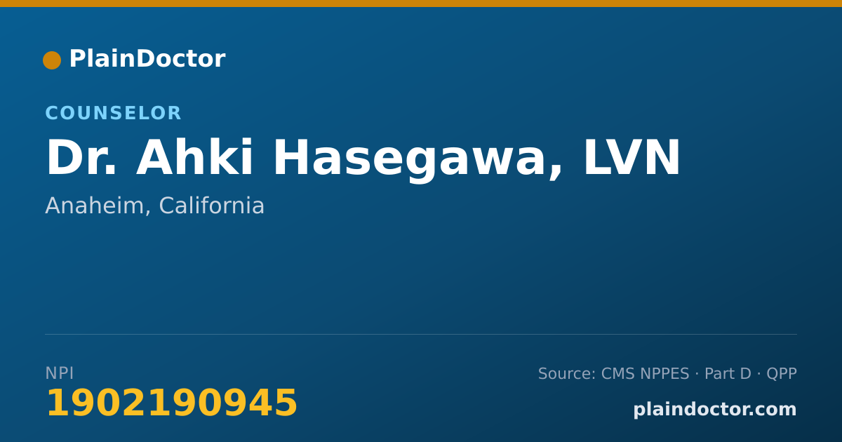 Shareable card for Ahki Hasegawa, LVN - Counselor, Anaheim, CA