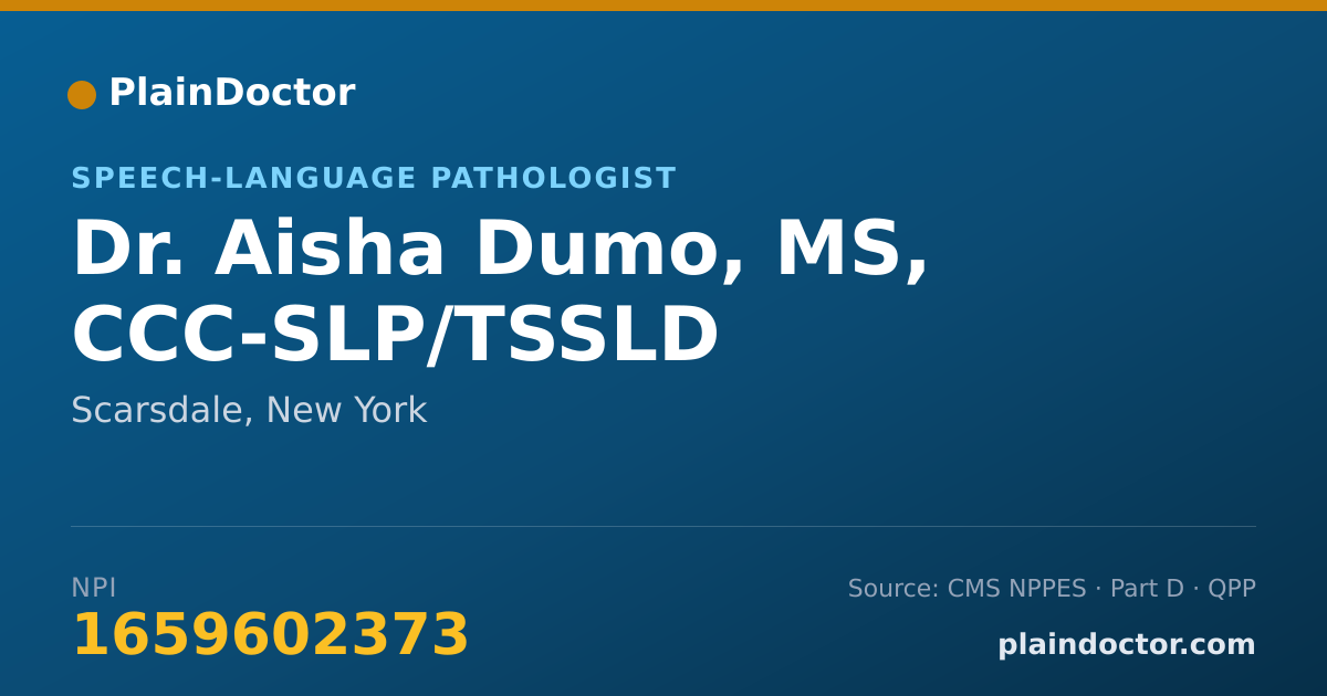 Shareable card for Aisha Dumo, MS, CCC-SLP/TSSLD - Speech-Language Pathologist, Scarsdale, NY