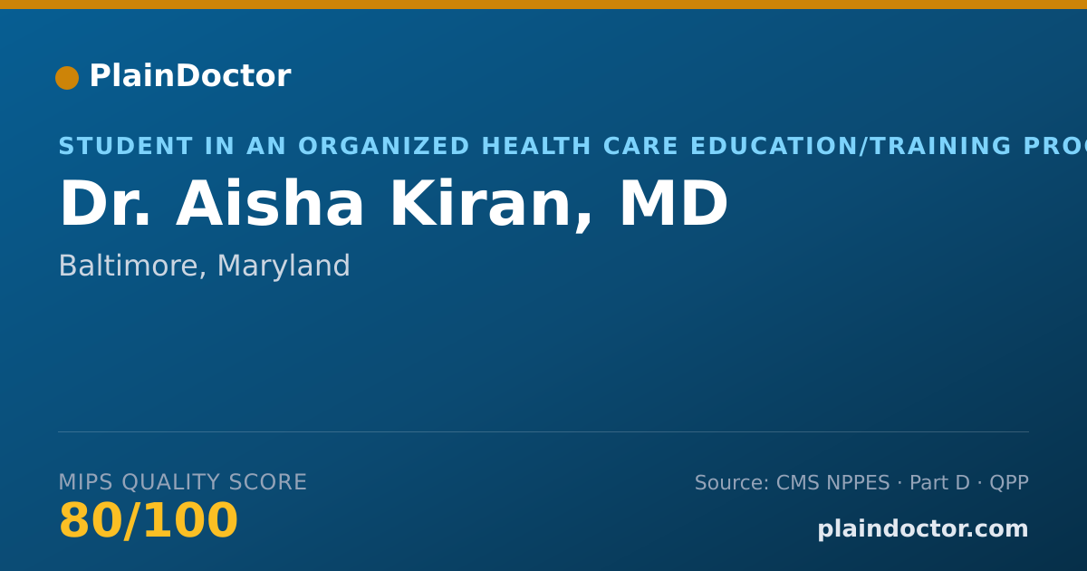 Shareable card for Aisha Kiran, MD - Student in an Organized Health Care Education/Training Program, Baltimore, MD