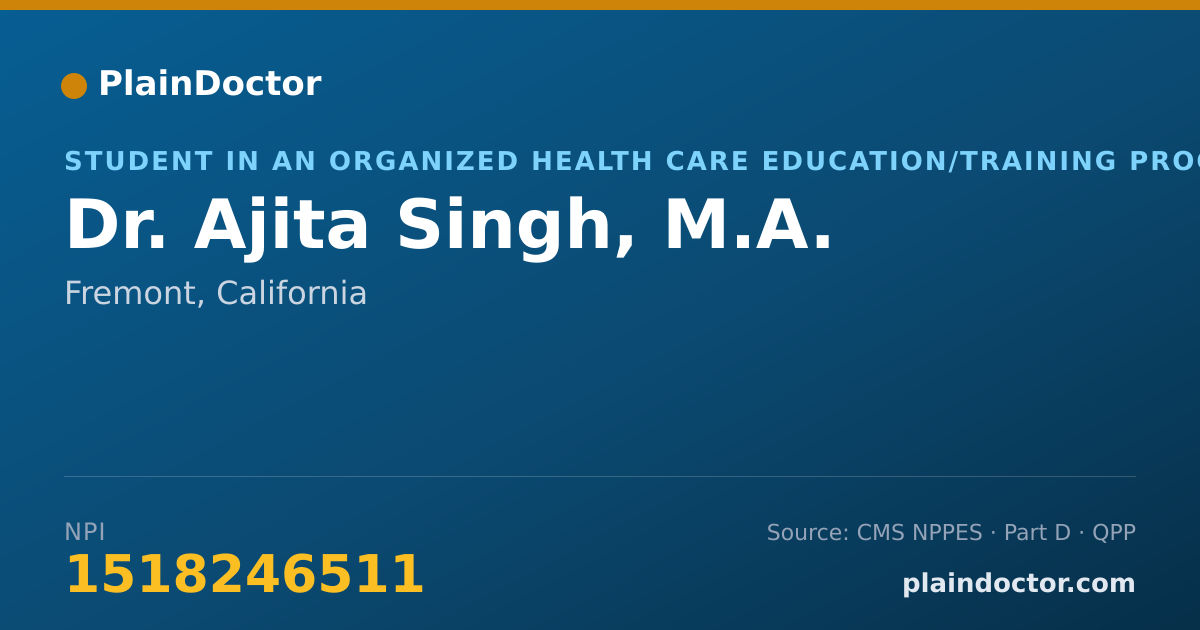 Shareable card for Ajita Singh, M.A. - Student in an Organized Health Care Education/Training Program, Fremont, CA