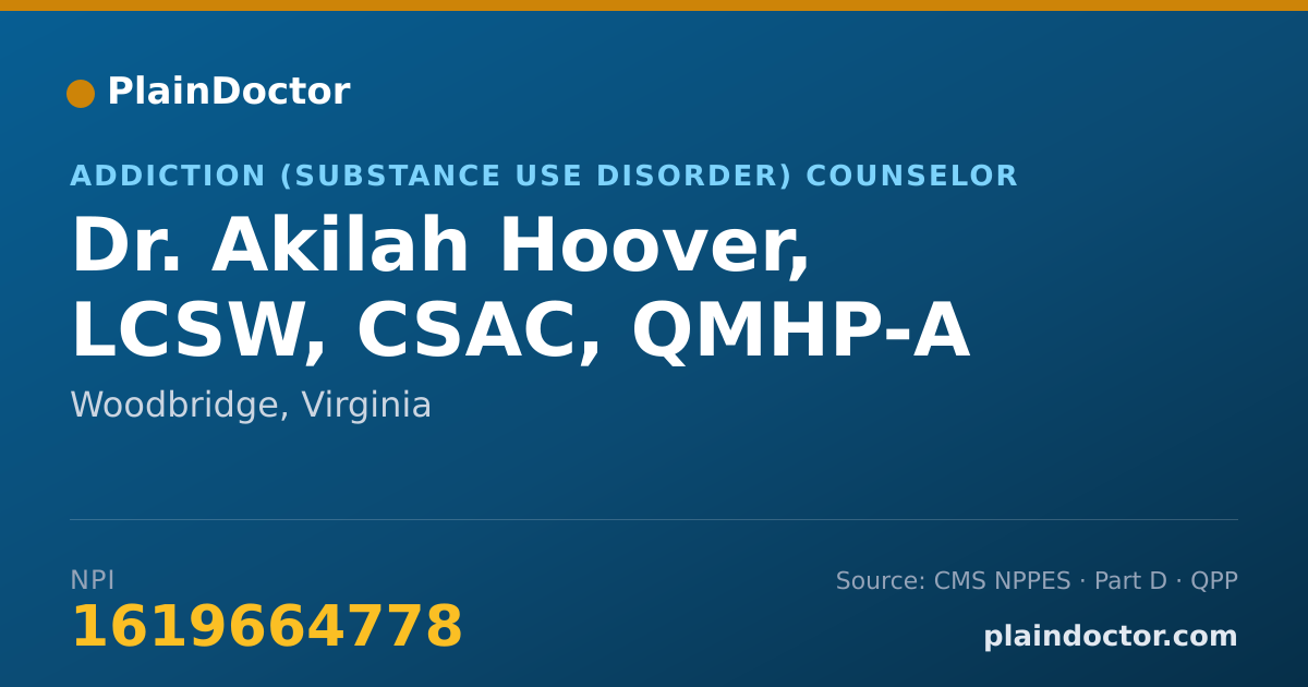 Shareable card for Akilah Hoover, LCSW, CSAC, QMHP-A - Addiction (Substance Use Disorder) Counselor, Woodbridge, VA