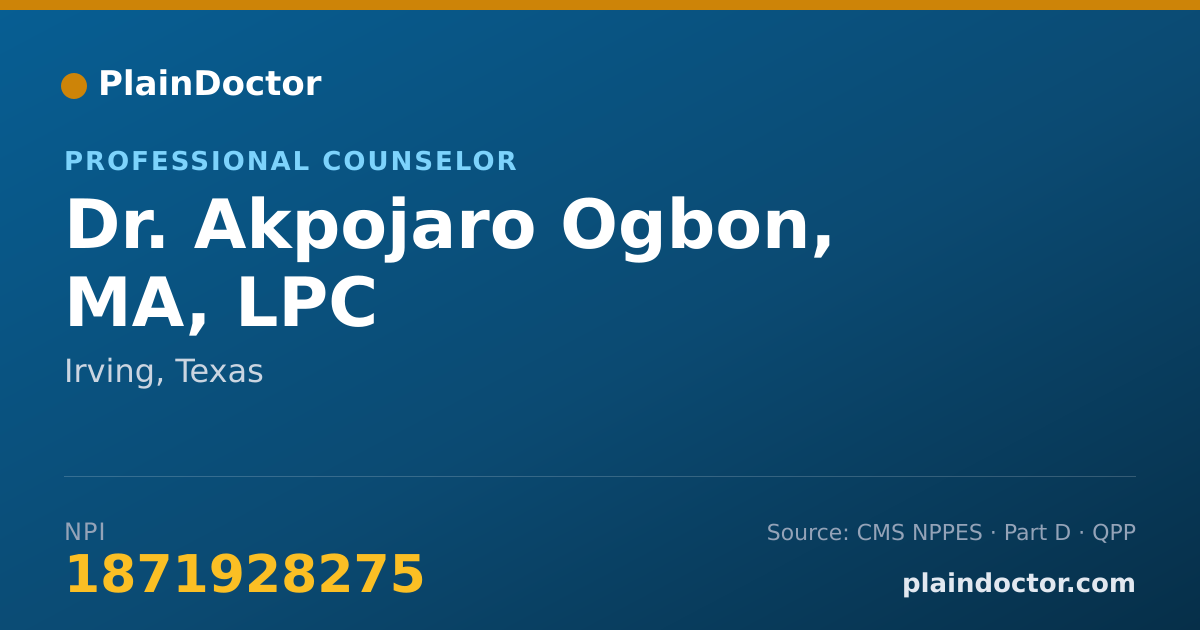 Shareable card for Akpojaro Ogbon, MA, LPC - Professional Counselor, Irving, TX