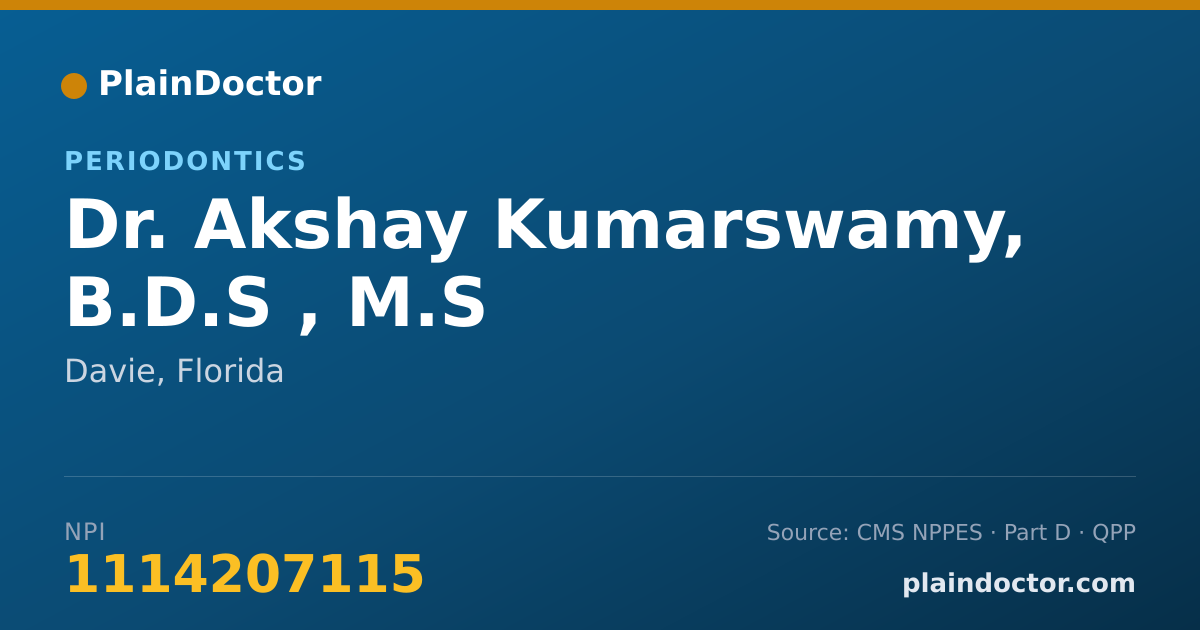Shareable card for Akshay Kumarswamy, B.D.S , M.S - Periodontics, Davie, FL