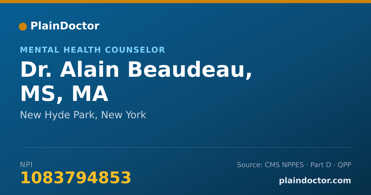 Shareable card for Alain Beaudeau, MS, MA - Mental Health Counselor, New Hyde Park, NY