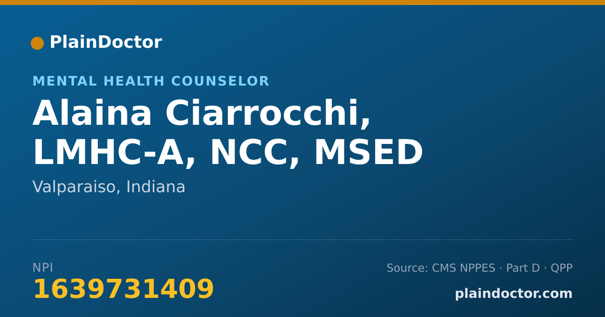 Shareable card for Alaina Ciarrocchi, LMHC-A, NCC, MSED - Mental Health Counselor, Valparaiso, IN