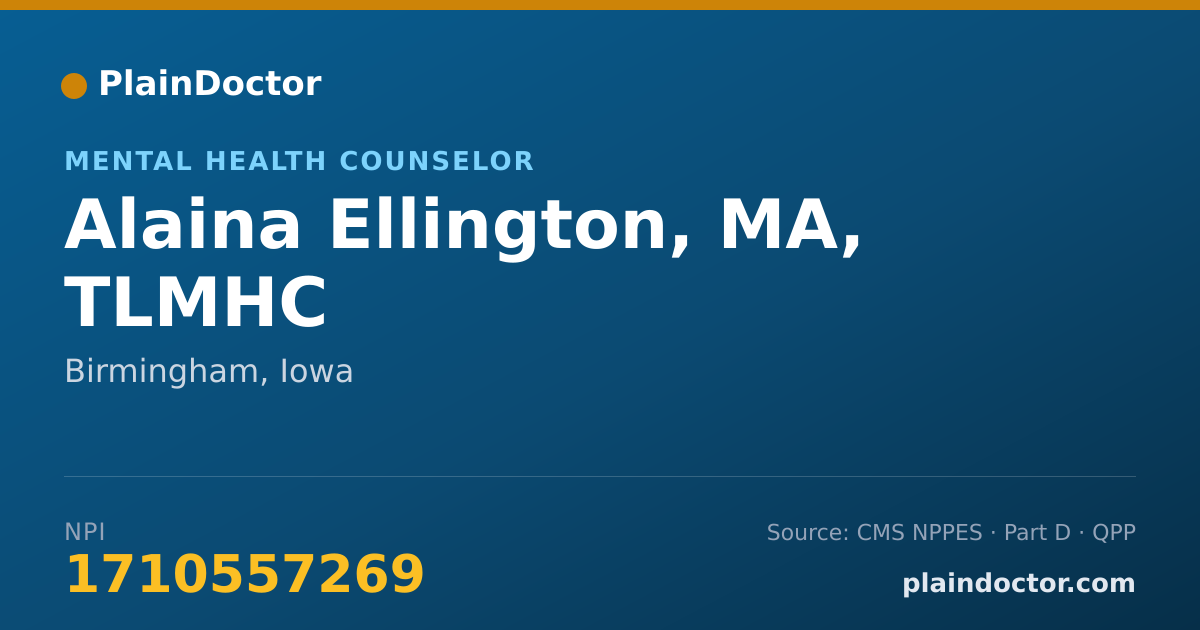 Shareable card for Alaina Ellington, MA, TLMHC - Mental Health Counselor, Birmingham, IA