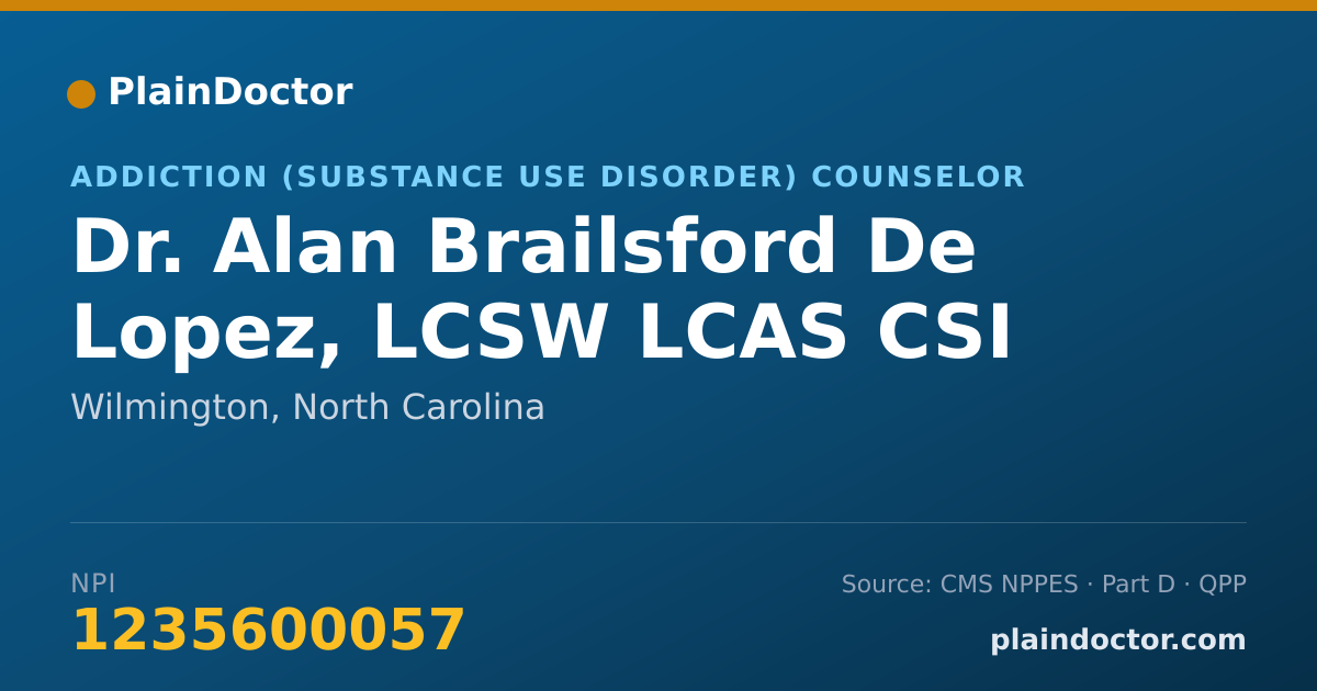 Shareable card for Alan Brailsford De Lopez, LCSW LCAS CSI - Addiction (Substance Use Disorder) Counselor, Wilmington, NC