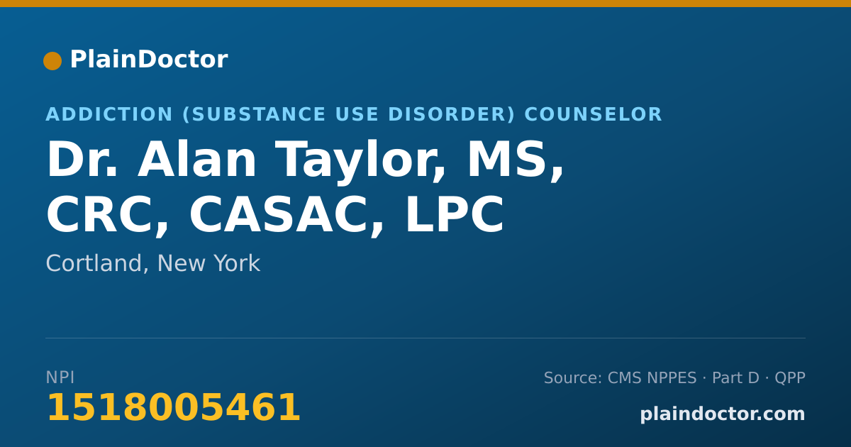 Shareable card for Alan Taylor, MS, CRC, CASAC, LPC - Addiction (Substance Use Disorder) Counselor, Cortland, NY