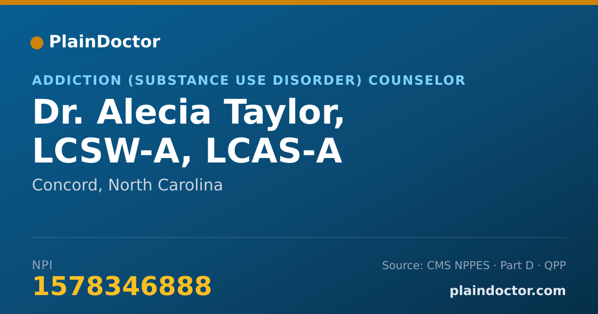 Shareable card for Alecia Taylor, LCSW-A, LCAS-A - Addiction (Substance Use Disorder) Counselor, Concord, NC