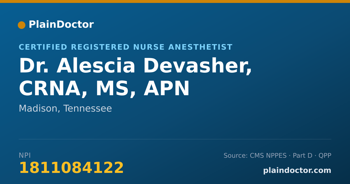 Shareable card for Alescia Devasher, CRNA, MS, APN - Certified Registered Nurse Anesthetist, Madison, TN