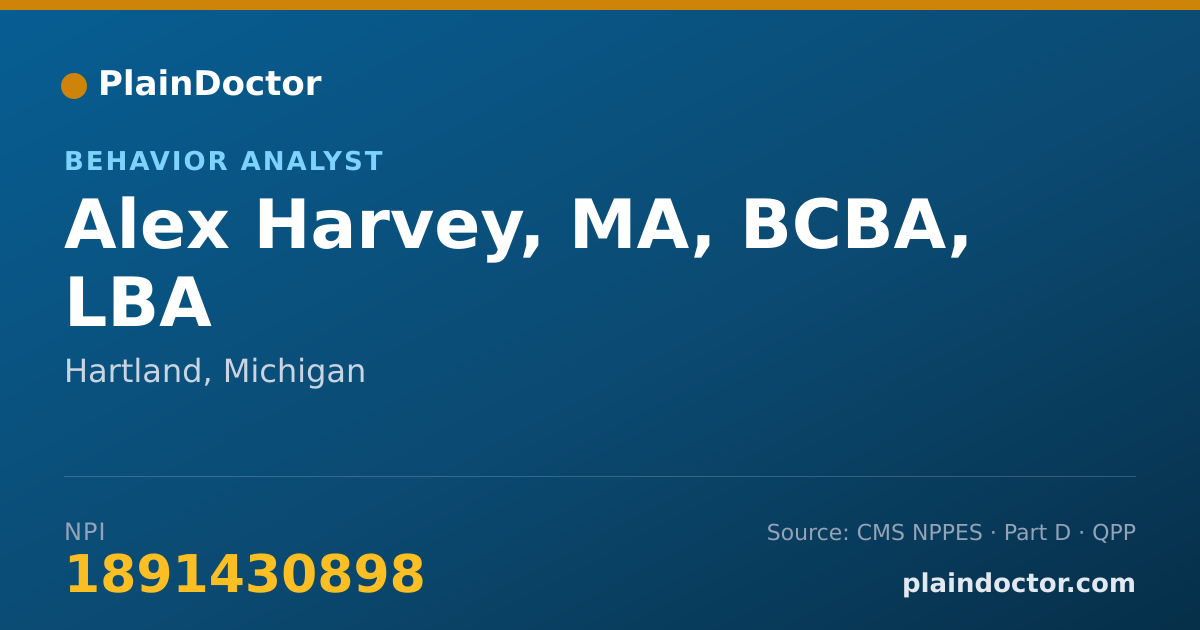 Shareable card for Alex Harvey, MA, BCBA, LBA - Behavior Analyst, Hartland, MI