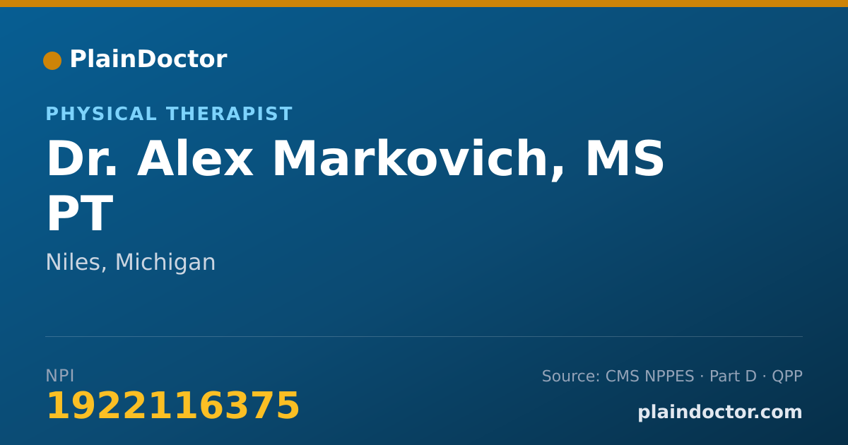 Shareable card for Alex Markovich, MS PT - Physical Therapist, Niles, MI