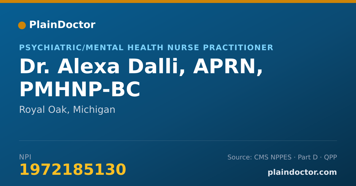 Shareable card for Alexa Dalli, APRN, PMHNP-BC - Psychiatric/Mental Health Nurse Practitioner, Royal Oak, MI