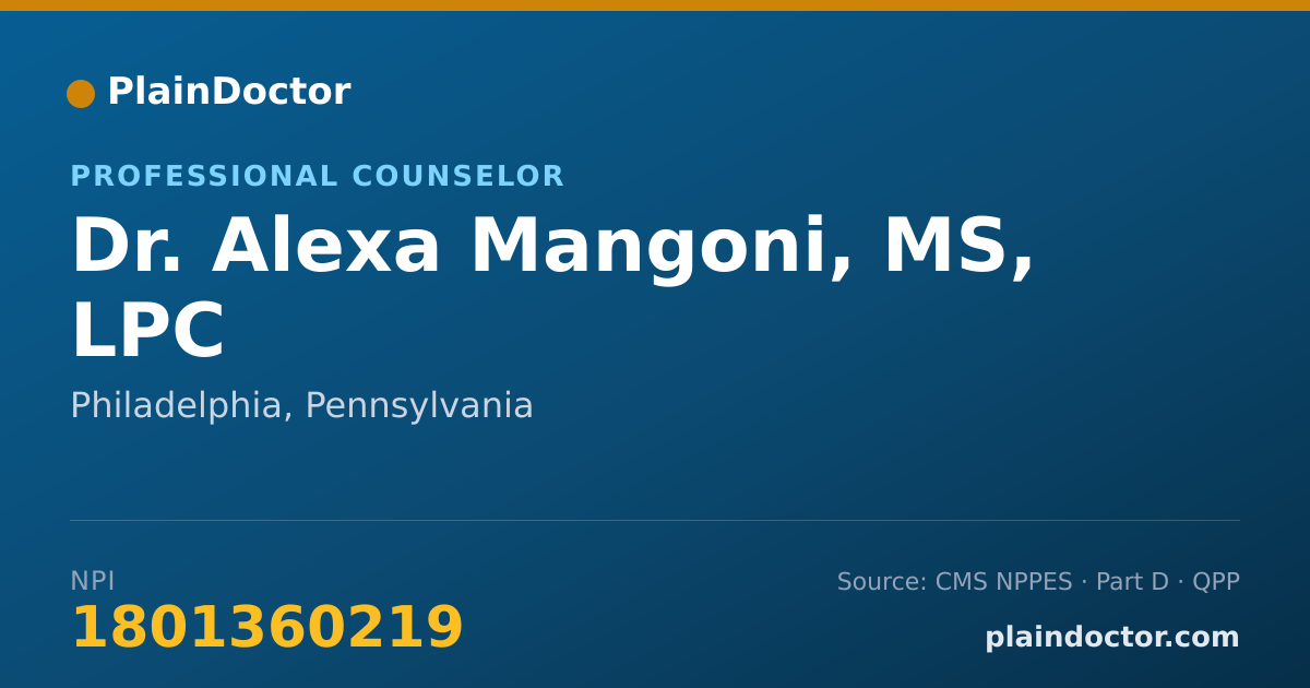Shareable card for Alexa Mangoni, MS, LPC - Professional Counselor, Philadelphia, PA