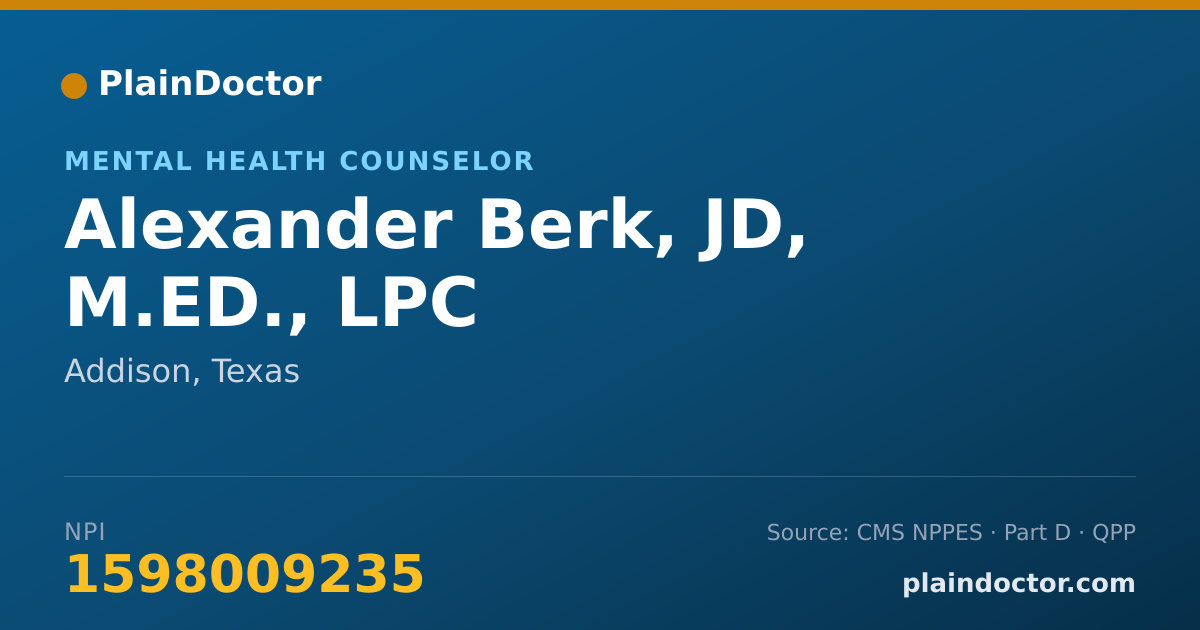 Shareable card for Alexander Berk, JD, M.ED., LPC - Mental Health Counselor, Addison, TX