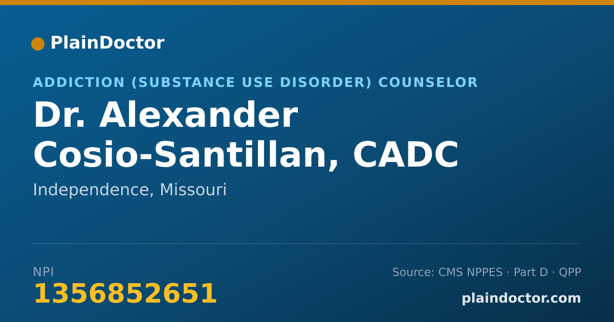 Shareable card for Alexander Cosio-Santillan, CADC II - Addiction (Substance Use Disorder) Counselor, Independence, MO